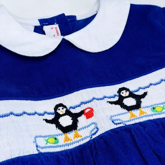 Vintage Winter Christmas Holiday Long Sleeve Penguin Smocked Dress 4T - Picture 3 of 7